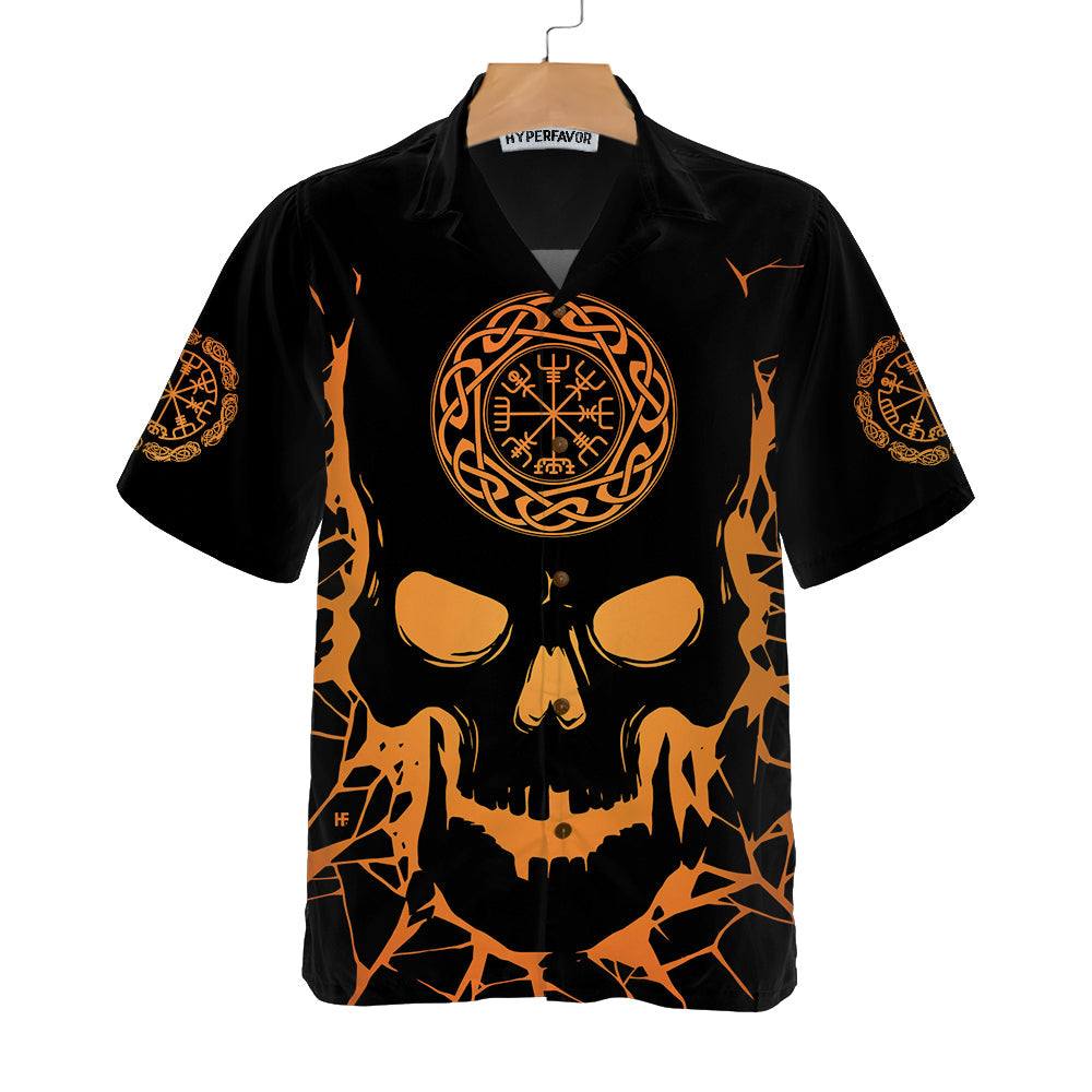 Viking Skull With Backbone Axe Hawaiian Shirt, Cool Orange Pattern Black Skull Shirt
