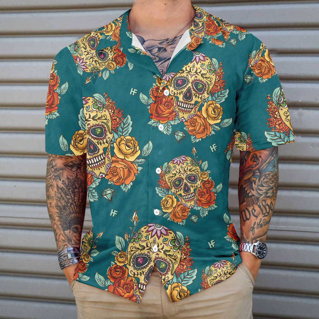 Yellow Roses Sugar Skulls Hawaiian Shirt, Mexican Skull Shirt, Best Day Of The Dead Gift