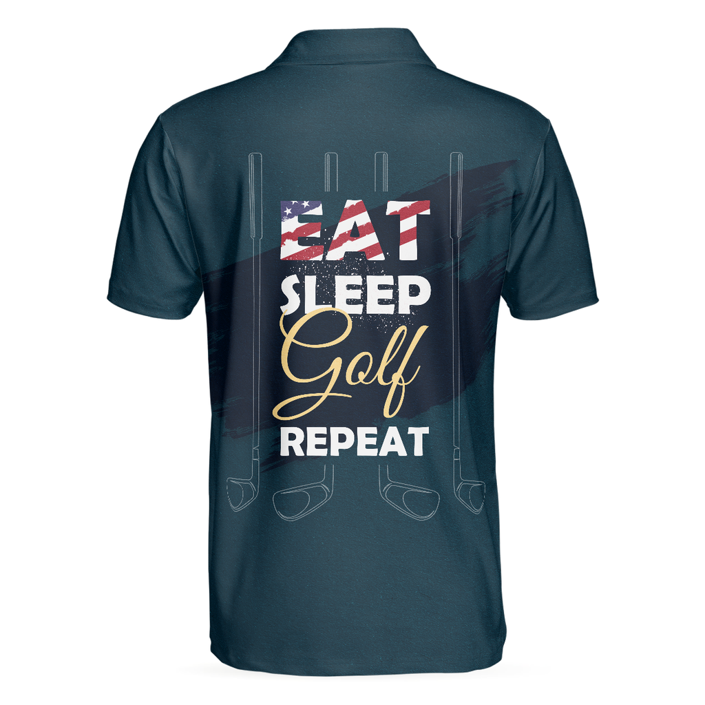 Eat Sleep Golf Repeat American Flag Short Sleeve Polo Shirt, Dark Navy Golf Shirt For Men