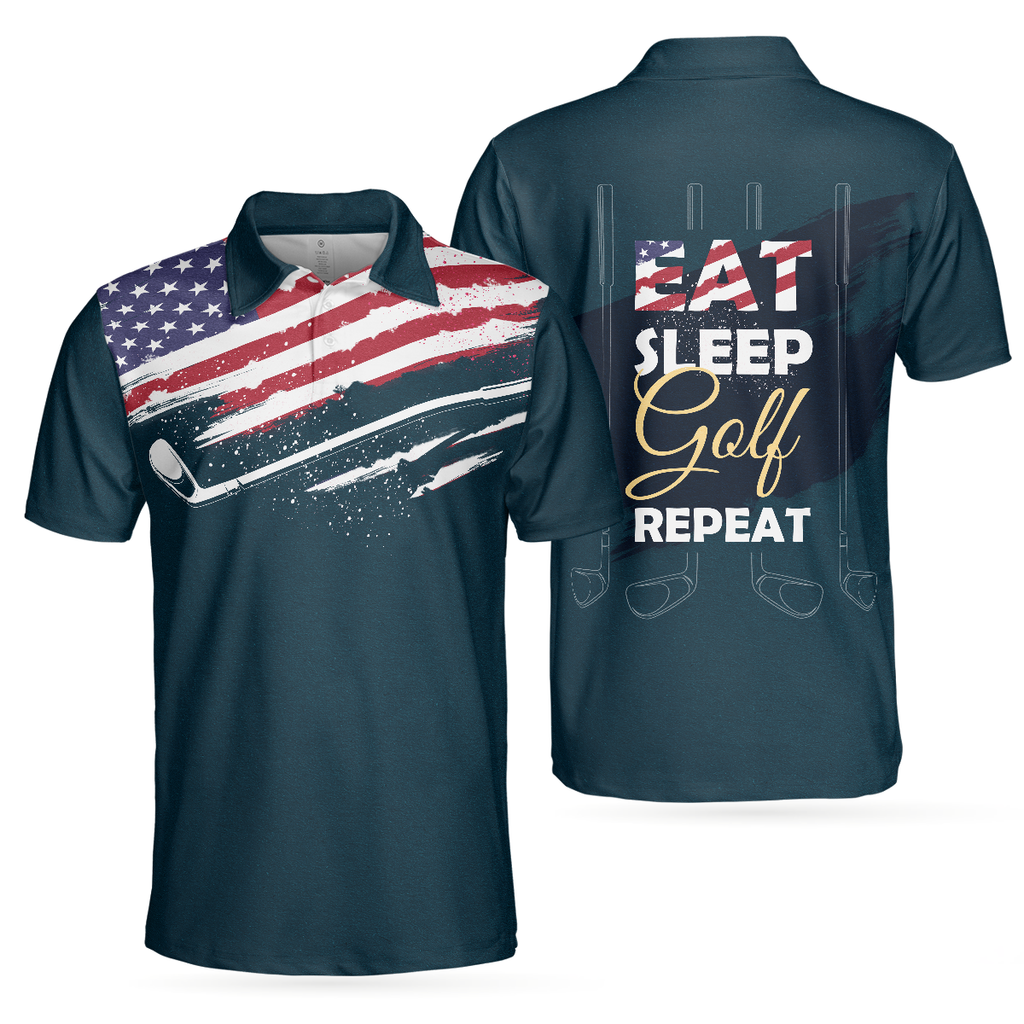 Eat Sleep Golf Repeat American Flag Short Sleeve Polo Shirt, Dark Navy Golf Shirt For Men